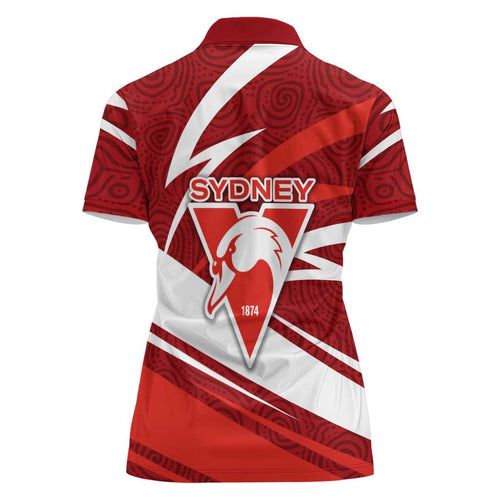Sydney Swans Australian Football Women Polo Shirt Swans Mascot Art With Indigenous Pattern Art