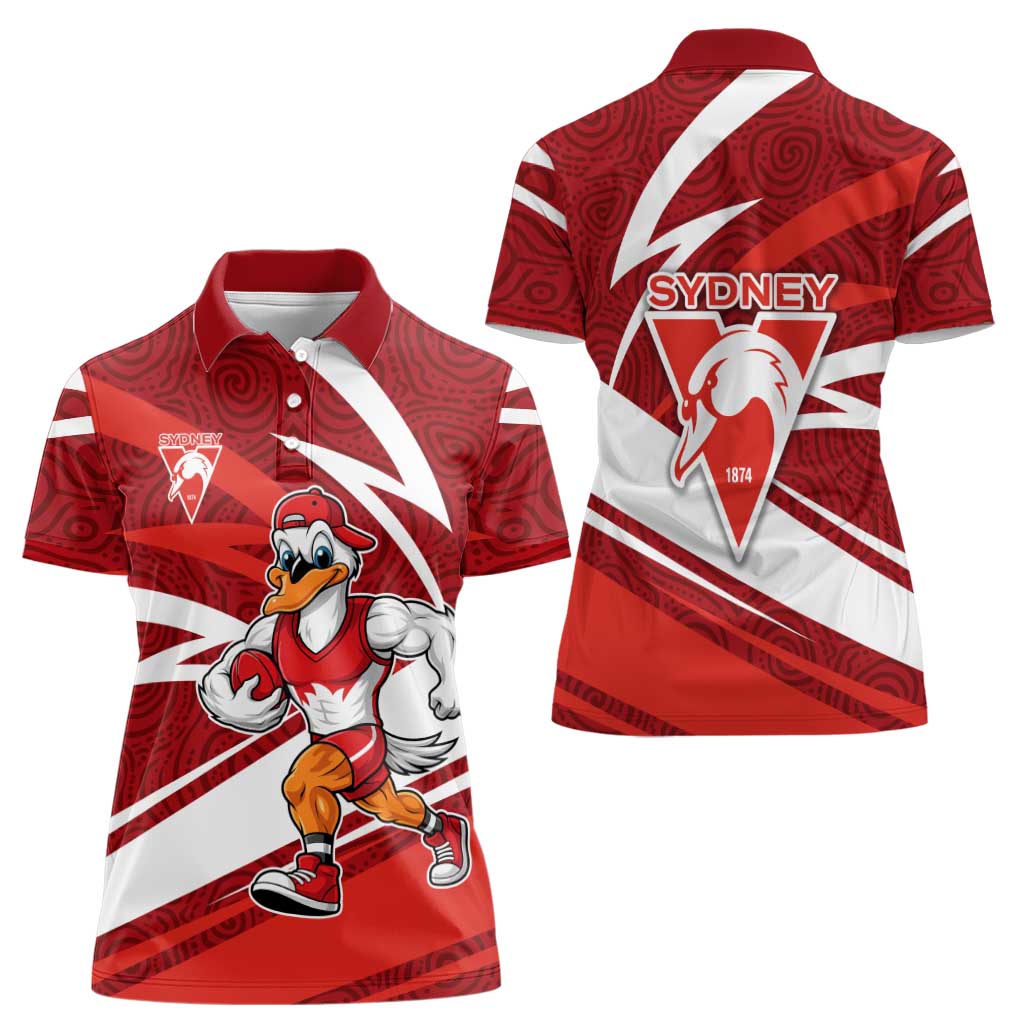 Sydney Swans Australian Football Women Polo Shirt Swans Mascot Art With Indigenous Pattern Art
