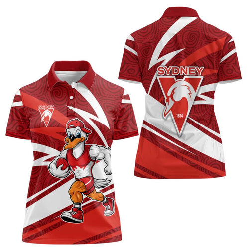 Sydney Swans Australian Football Women Polo Shirt Swans Mascot Art With Indigenous Pattern Art