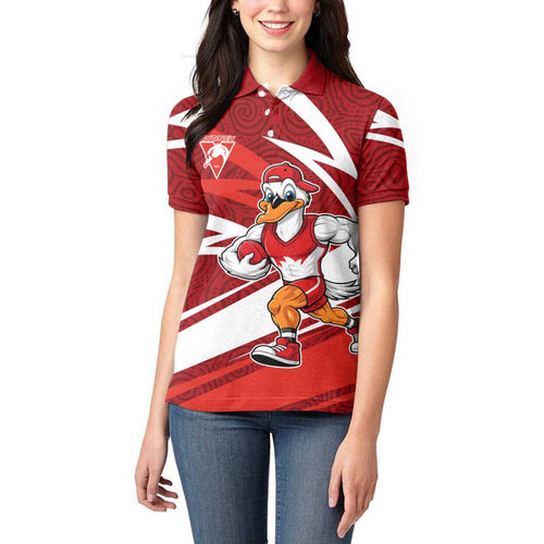 Sydney Swans Australian Football Women Polo Shirt Swans Mascot Art With Indigenous Pattern Art