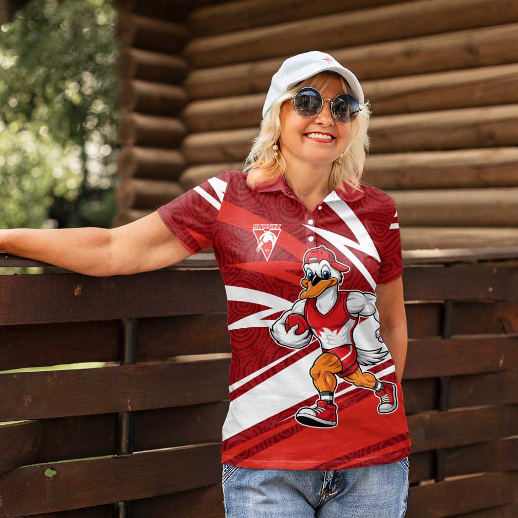 Sydney Swans Australian Football Women Polo Shirt Swans Mascot Art With Indigenous Pattern Art