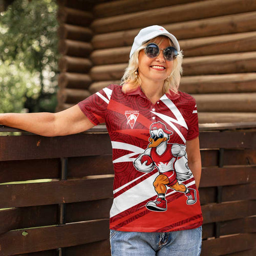 Sydney Swans Australian Football Women Polo Shirt Swans Mascot Art With Indigenous Pattern Art
