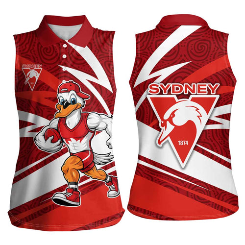 Sydney Swans Australian Football Women Sleeveless Polo Shirt Swans Mascot Art With Indigenous Pattern Art