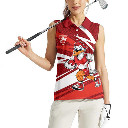 Sydney Swans Australian Football Women Sleeveless Polo Shirt Swans Mascot Art With Indigenous Pattern Art