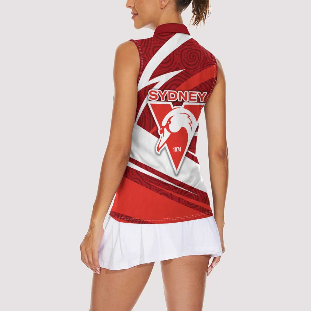 Sydney Swans Australian Football Women Sleeveless Polo Shirt Swans Mascot Art With Indigenous Pattern Art