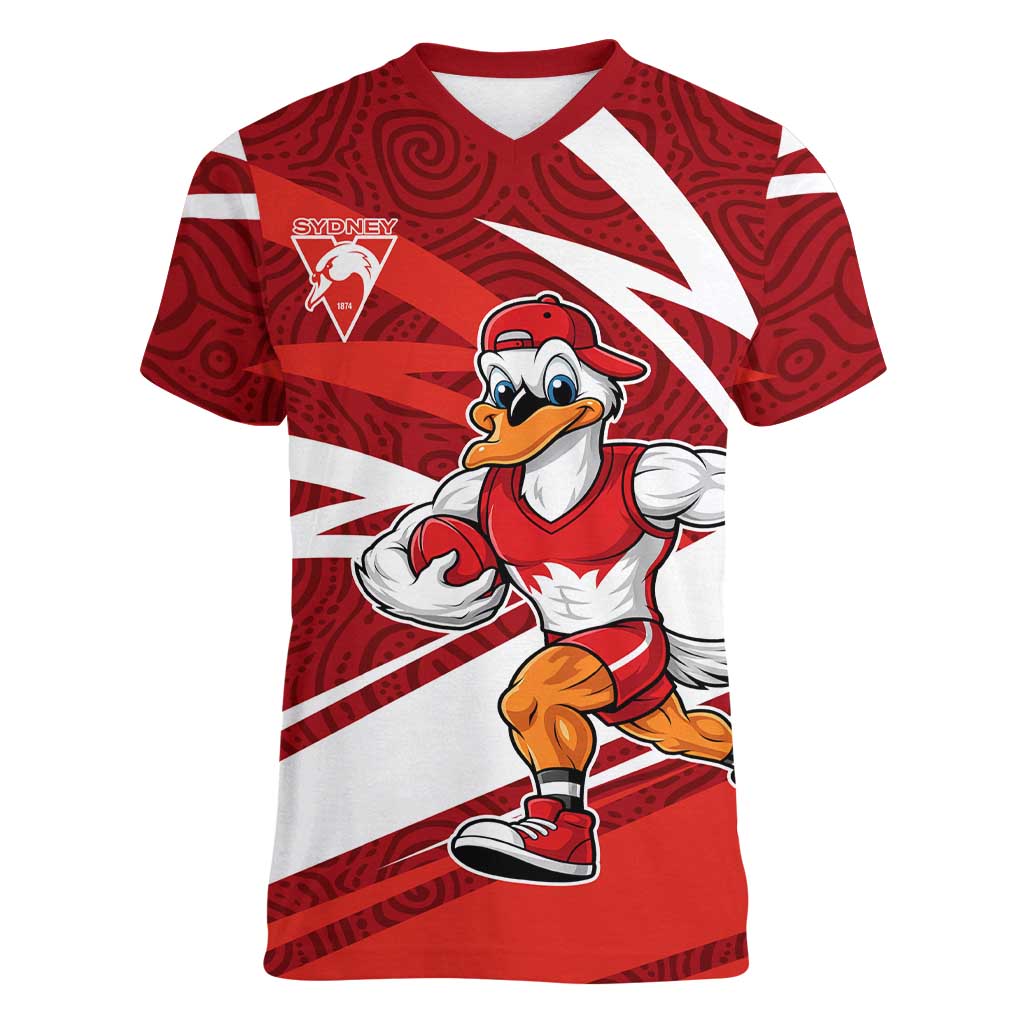 Sydney Swans Australian Football Women V-Neck T-Shirt Swans Mascot Art With Indigenous Pattern Art