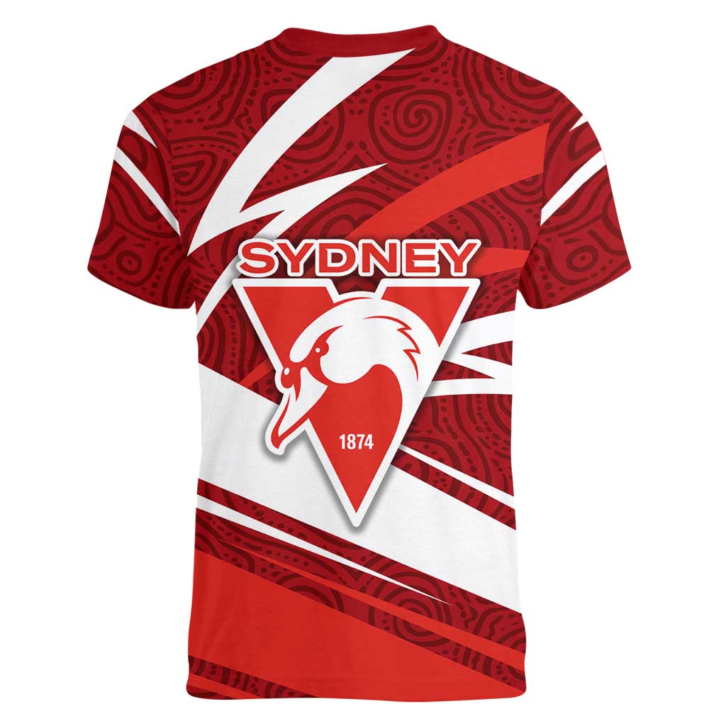 Sydney Swans Australian Football Women V-Neck T-Shirt Swans Mascot Art With Indigenous Pattern Art