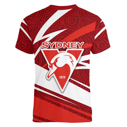 Sydney Swans Australian Football Women V-Neck T-Shirt Swans Mascot Art With Indigenous Pattern Art