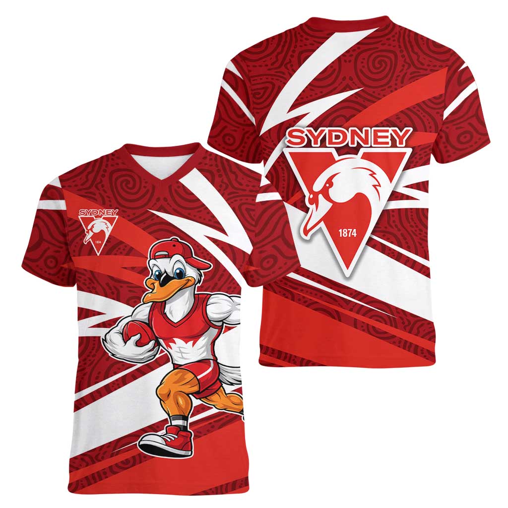 Sydney Swans Australian Football Women V-Neck T-Shirt Swans Mascot Art With Indigenous Pattern Art