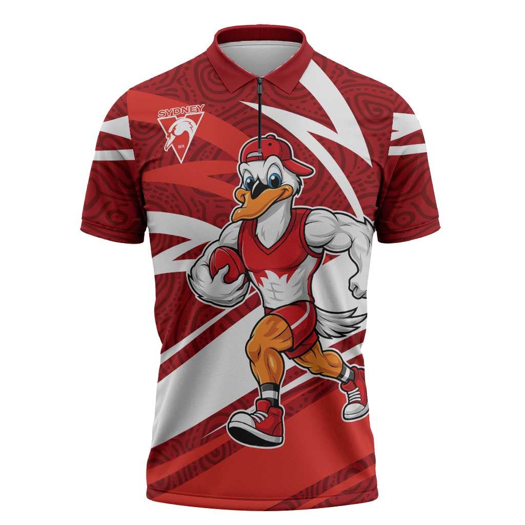 Sydney Swans Australian Football Zipper Polo Shirt Swans Mascot Art With Indigenous Pattern Art