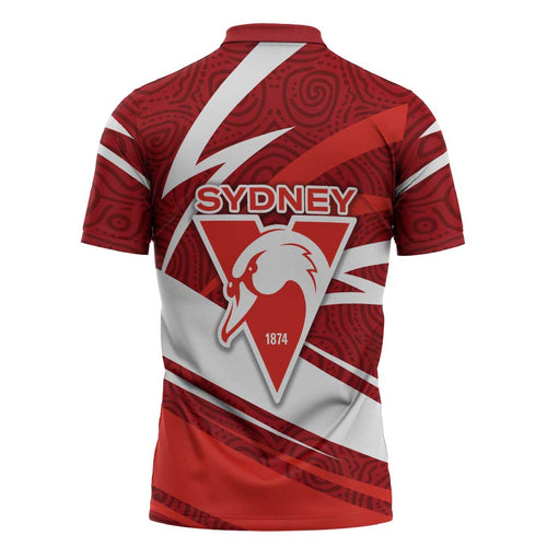 Sydney Swans Australian Football Zipper Polo Shirt Swans Mascot Art With Indigenous Pattern Art