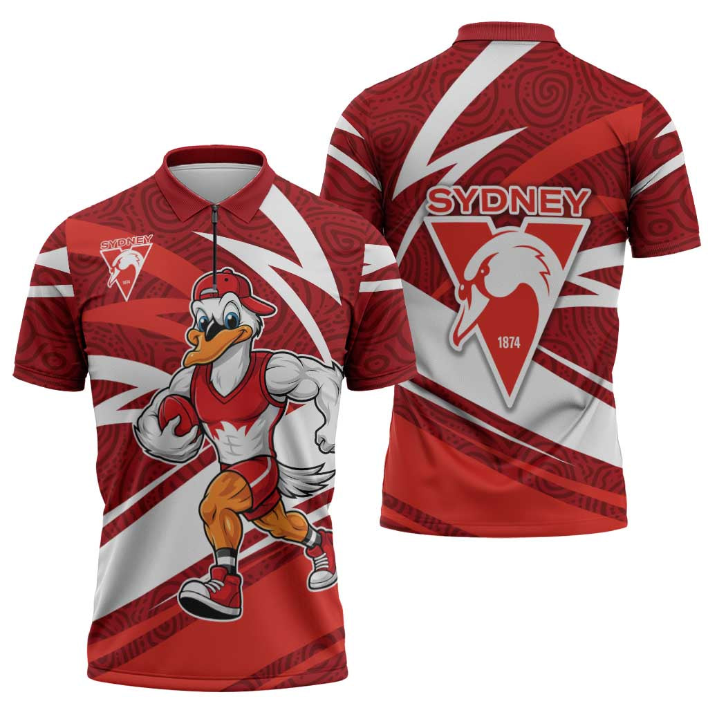 Sydney Swans Australian Football Zipper Polo Shirt Swans Mascot Art With Indigenous Pattern Art