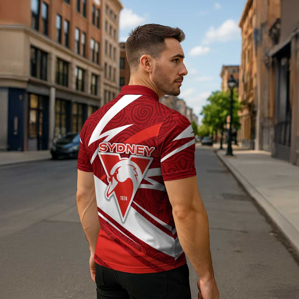 Sydney Swans Australian Football Zipper Polo Shirt Swans Mascot Art With Indigenous Pattern Art