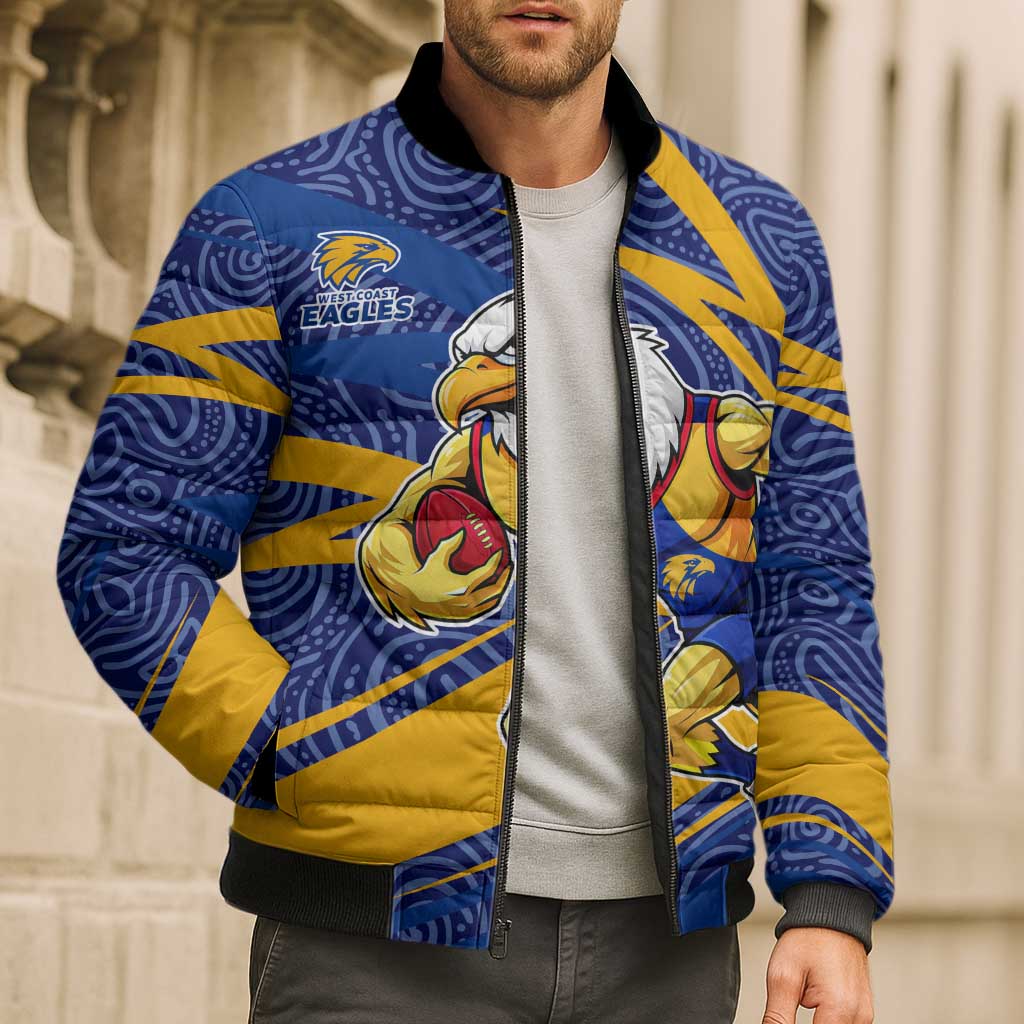 West Coast Eagles Australian Football Bomber Puffer Jacket Fierce Eagle Mascot With Indigenous Pattern Art