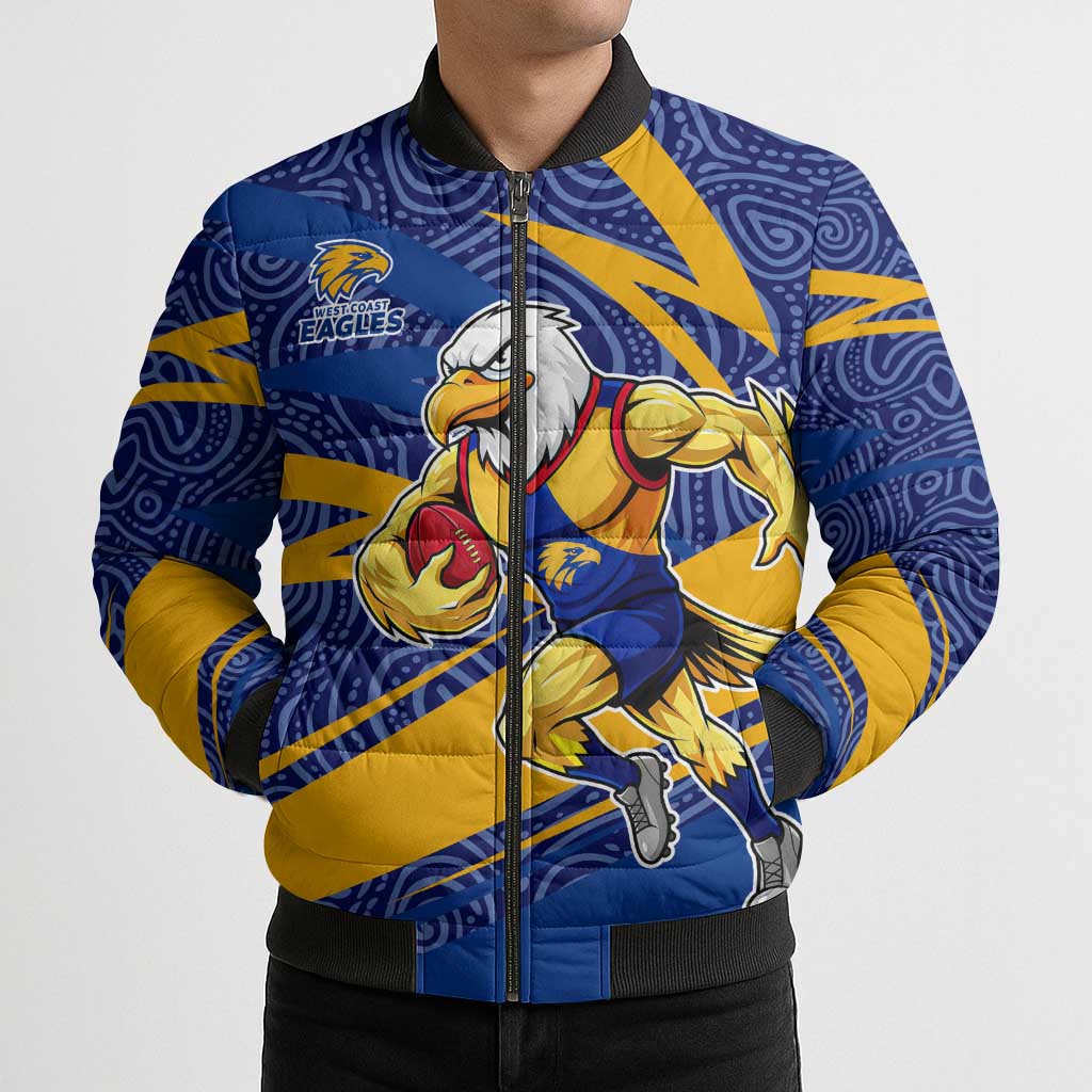 West Coast Eagles Australian Football Bomber Puffer Jacket Fierce Eagle Mascot With Indigenous Pattern Art
