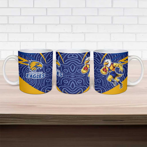 West Coast Eagles Australian Football Ceramic Mug Fierce Eagle Mascot With Indigenous Pattern Art