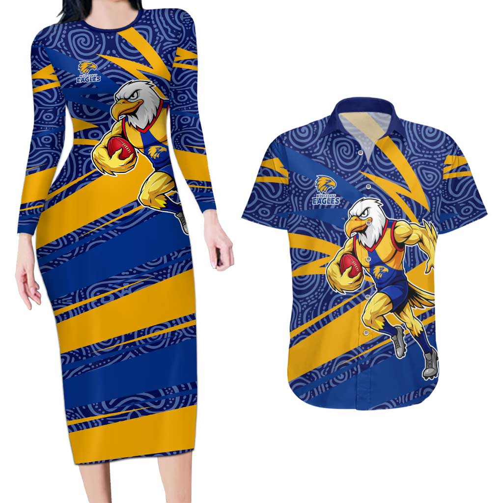 West Coast Eagles Australian Football Couples Matching Long Sleeve Bodycon Dress and Hawaiian Shirt Fierce Eagle Mascot With Indigenous Pattern Art