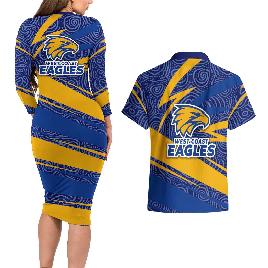 West Coast Eagles Australian Football Couples Matching Long Sleeve Bodycon Dress and Hawaiian Shirt Fierce Eagle Mascot With Indigenous Pattern Art