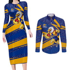 West Coast Eagles Australian Football Couples Matching Long Sleeve Bodycon Dress and Long Sleeve Button Shirt Fierce Eagle Mascot With Indigenous Pattern Art