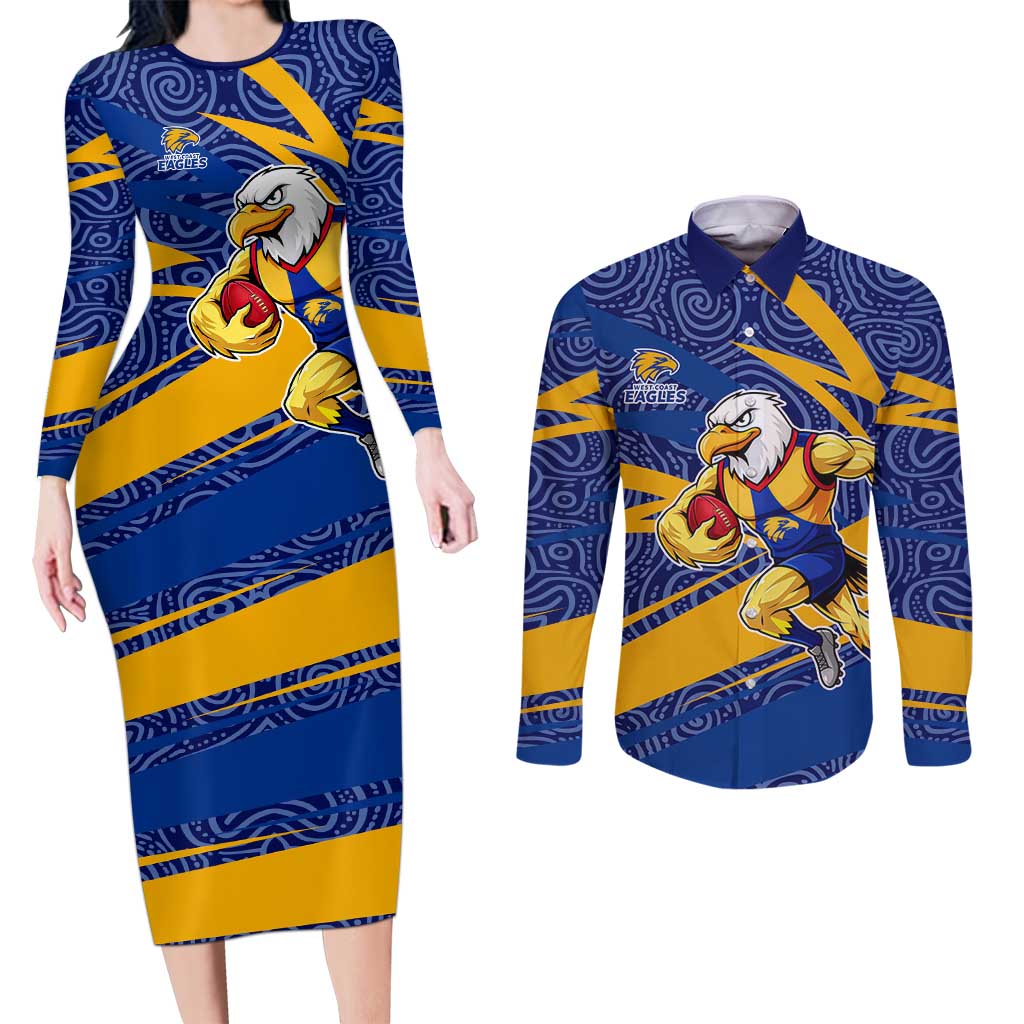 West Coast Eagles Australian Football Couples Matching Long Sleeve Bodycon Dress and Long Sleeve Button Shirt Fierce Eagle Mascot With Indigenous Pattern Art