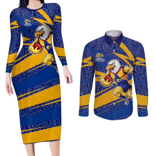 West Coast Eagles Australian Football Couples Matching Long Sleeve Bodycon Dress and Long Sleeve Button Shirt Fierce Eagle Mascot With Indigenous Pattern Art