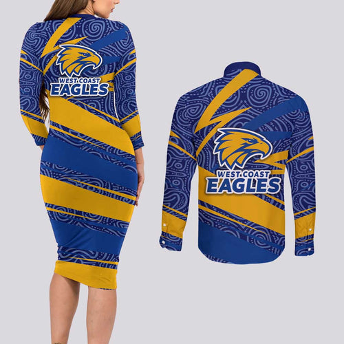 West Coast Eagles Australian Football Couples Matching Long Sleeve Bodycon Dress and Long Sleeve Button Shirt Fierce Eagle Mascot With Indigenous Pattern Art