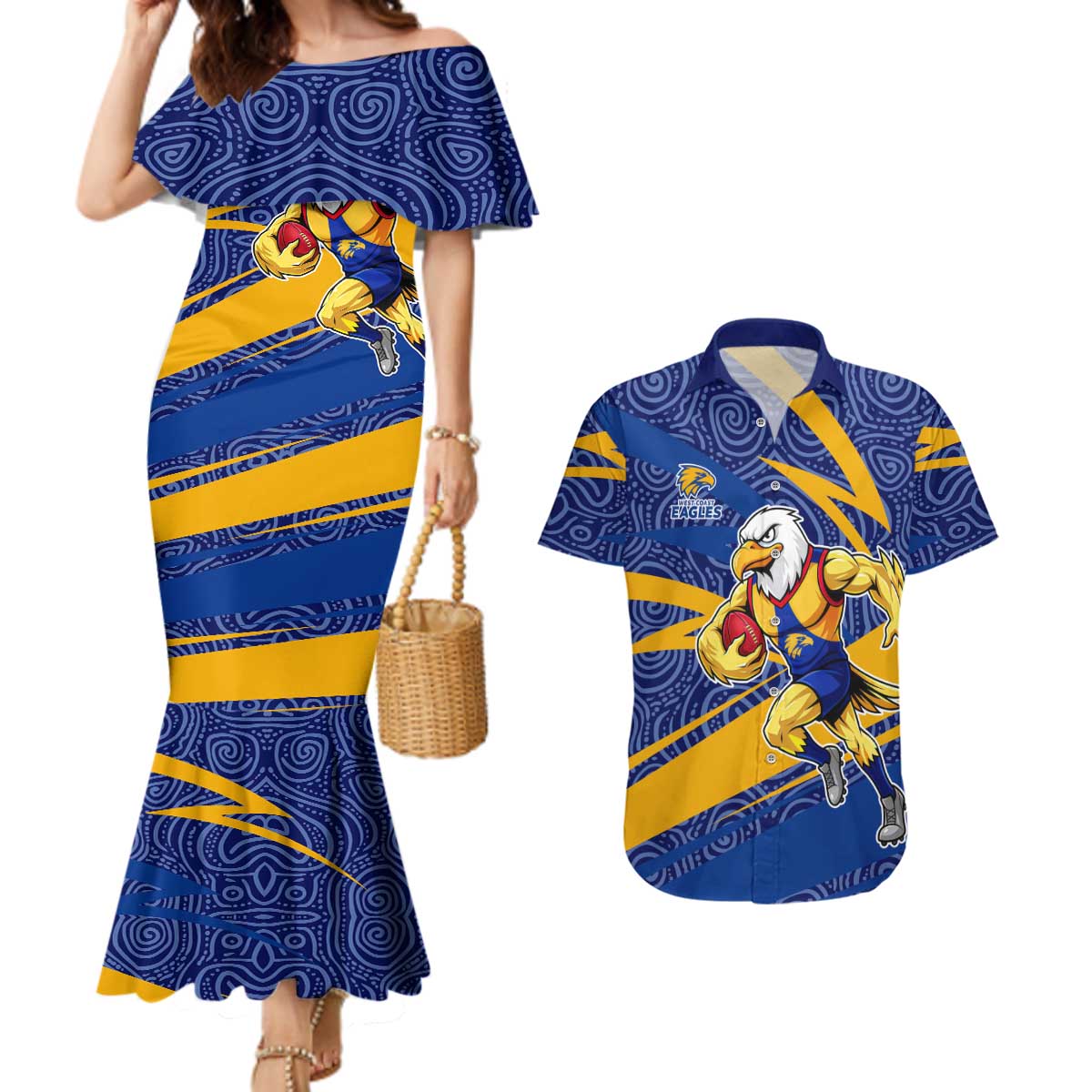 West Coast Eagles Australian Football Couples Matching Mermaid Dress and Hawaiian Shirt Fierce Eagle Mascot With Indigenous Pattern Art