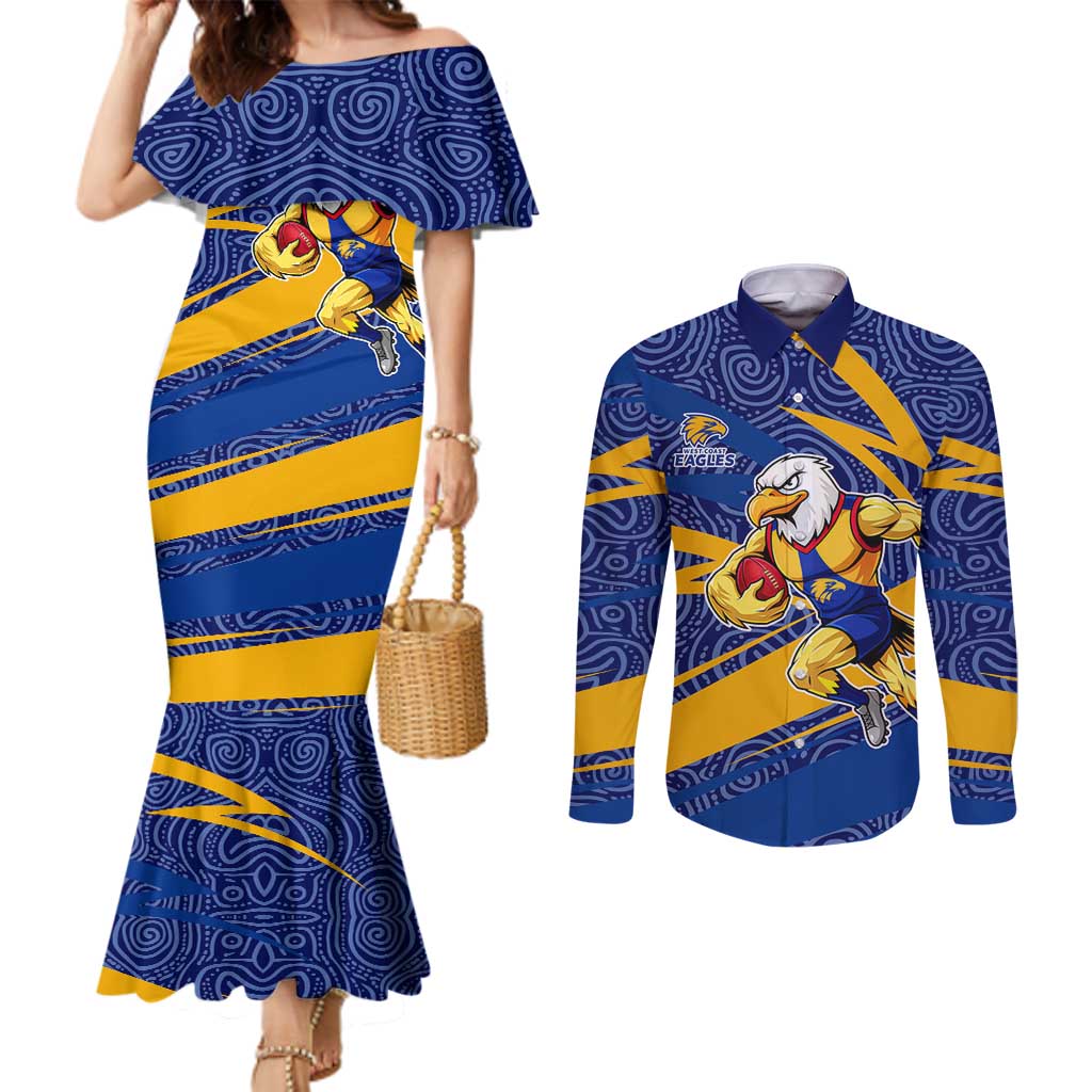 West Coast Eagles Australian Football Couples Matching Mermaid Dress and Long Sleeve Button Shirt Fierce Eagle Mascot With Indigenous Pattern Art