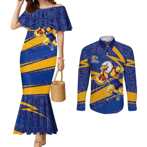 West Coast Eagles Australian Football Couples Matching Mermaid Dress and Long Sleeve Button Shirt Fierce Eagle Mascot With Indigenous Pattern Art
