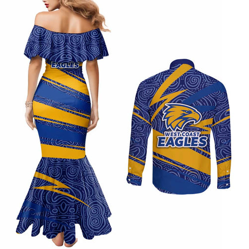 West Coast Eagles Australian Football Couples Matching Mermaid Dress and Long Sleeve Button Shirt Fierce Eagle Mascot With Indigenous Pattern Art