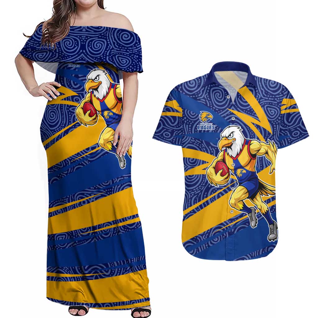 West Coast Eagles Australian Football Couples Matching Off Shoulder Maxi Dress and Hawaiian Shirt Fierce Eagle Mascot With Indigenous Pattern Art