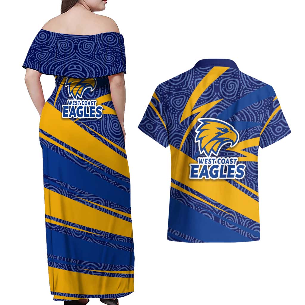 West Coast Eagles Australian Football Couples Matching Off Shoulder Maxi Dress and Hawaiian Shirt Fierce Eagle Mascot With Indigenous Pattern Art