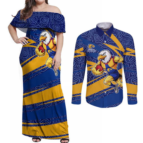 West Coast Eagles Australian Football Couples Matching Off Shoulder Maxi Dress and Long Sleeve Button Shirt Fierce Eagle Mascot With Indigenous Pattern Art