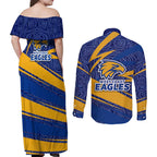 West Coast Eagles Australian Football Couples Matching Off Shoulder Maxi Dress and Long Sleeve Button Shirt Fierce Eagle Mascot With Indigenous Pattern Art