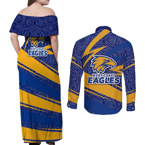 West Coast Eagles Australian Football Couples Matching Off Shoulder Maxi Dress and Long Sleeve Button Shirt Fierce Eagle Mascot With Indigenous Pattern Art