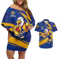 West Coast Eagles Australian Football Couples Matching Off Shoulder Short Dress and Hawaiian Shirt Fierce Eagle Mascot With Indigenous Pattern Art