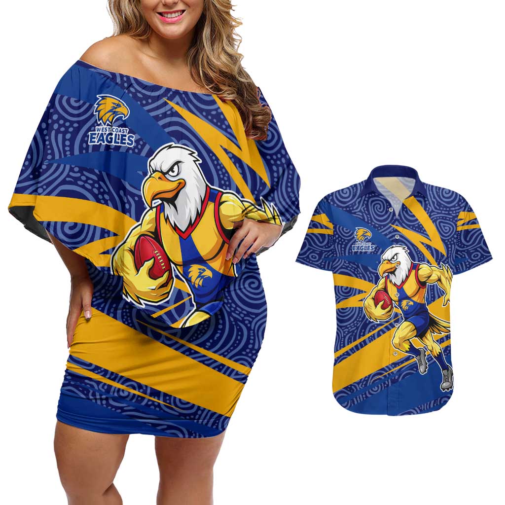 West Coast Eagles Australian Football Couples Matching Off Shoulder Short Dress and Hawaiian Shirt Fierce Eagle Mascot With Indigenous Pattern Art