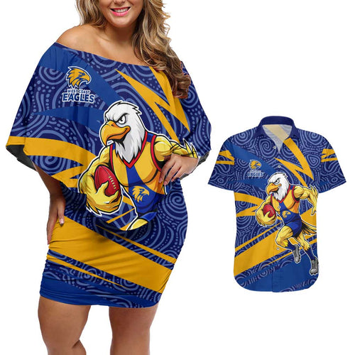 West Coast Eagles Australian Football Couples Matching Off Shoulder Short Dress and Hawaiian Shirt Fierce Eagle Mascot With Indigenous Pattern Art
