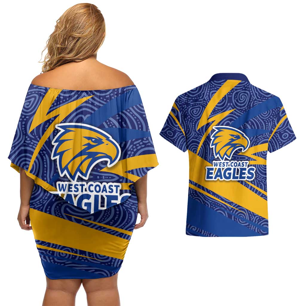 West Coast Eagles Australian Football Couples Matching Off Shoulder Short Dress and Hawaiian Shirt Fierce Eagle Mascot With Indigenous Pattern Art