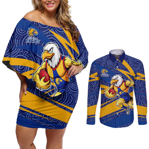 West Coast Eagles Australian Football Couples Matching Off Shoulder Short Dress and Long Sleeve Button Shirt Fierce Eagle Mascot With Indigenous Pattern Art