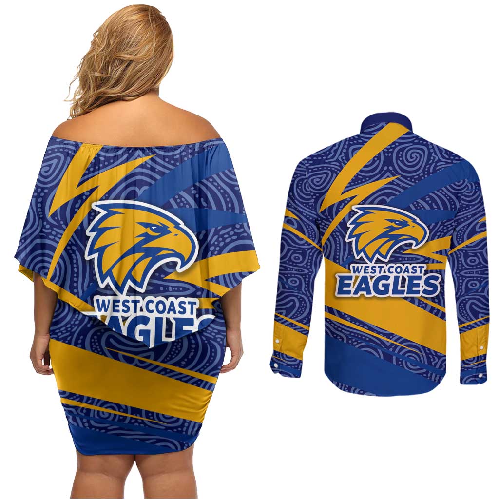 West Coast Eagles Australian Football Couples Matching Off Shoulder Short Dress and Long Sleeve Button Shirt Fierce Eagle Mascot With Indigenous Pattern Art