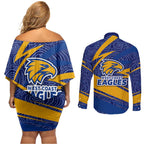 West Coast Eagles Australian Football Couples Matching Off Shoulder Short Dress and Long Sleeve Button Shirt Fierce Eagle Mascot With Indigenous Pattern Art