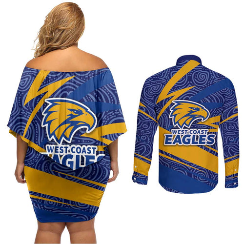 West Coast Eagles Australian Football Couples Matching Off Shoulder Short Dress and Long Sleeve Button Shirt Fierce Eagle Mascot With Indigenous Pattern Art