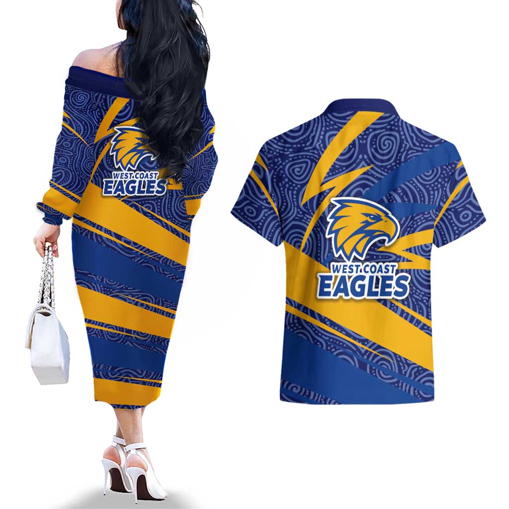 West Coast Eagles Australian Football Couples Matching Off The Shoulder Long Sleeve Dress and Hawaiian Shirt Fierce Eagle Mascot With Indigenous Pattern Art