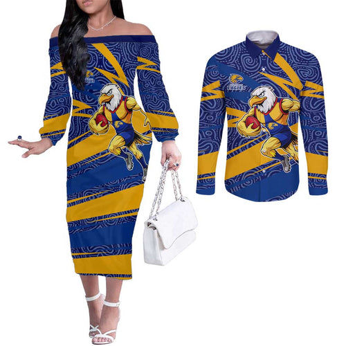 West Coast Eagles Australian Football Couples Matching Off The Shoulder Long Sleeve Dress and Long Sleeve Button Shirt Fierce Eagle Mascot With Indigenous Pattern Art