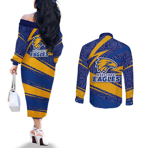 West Coast Eagles Australian Football Couples Matching Off The Shoulder Long Sleeve Dress and Long Sleeve Button Shirt Fierce Eagle Mascot With Indigenous Pattern Art