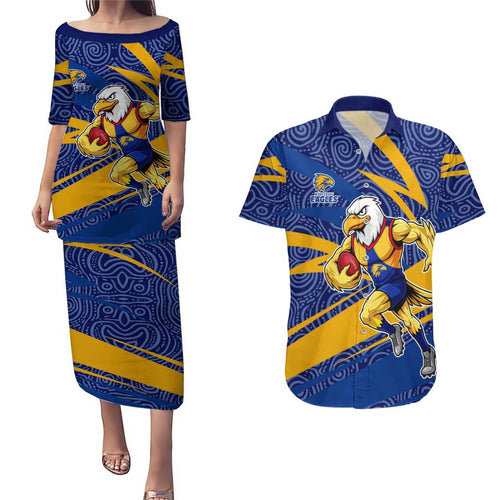 West Coast Eagles Australian Football Couples Matching Puletasi and Hawaiian Shirt Fierce Eagle Mascot With Indigenous Pattern Art