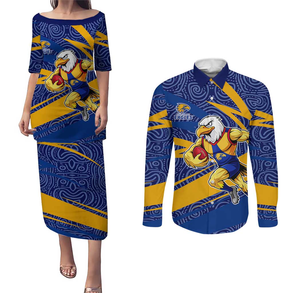 West Coast Eagles Australian Football Couples Matching Puletasi and Long Sleeve Button Shirt Fierce Eagle Mascot With Indigenous Pattern Art