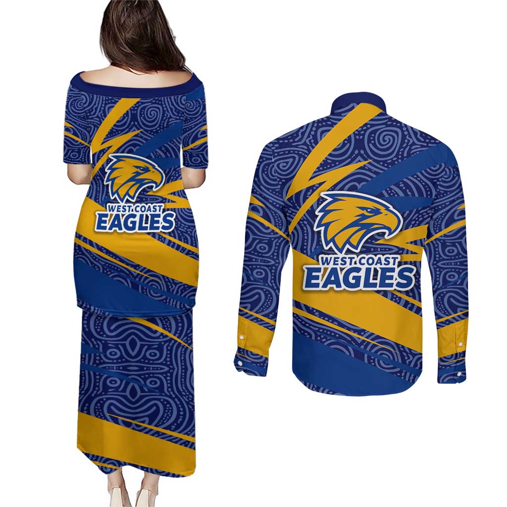 West Coast Eagles Australian Football Couples Matching Puletasi and Long Sleeve Button Shirt Fierce Eagle Mascot With Indigenous Pattern Art