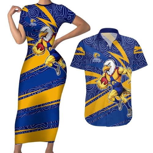 West Coast Eagles Australian Football Couples Matching Short Sleeve Bodycon Dress and Hawaiian Shirt Fierce Eagle Mascot With Indigenous Pattern Art